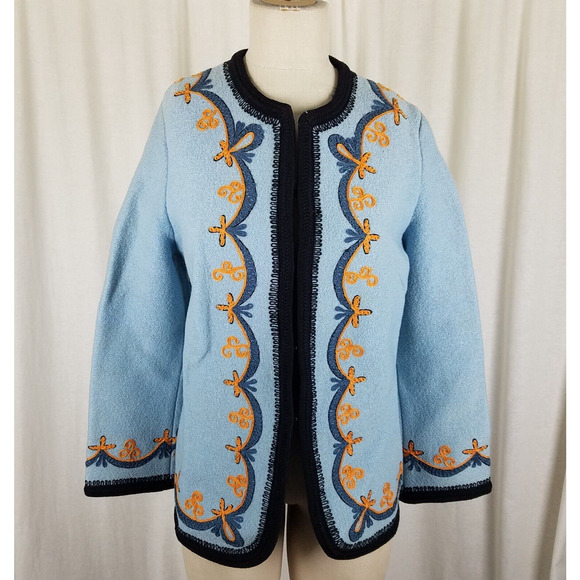 Vintage Jackets & Blazers - Vintage Austria Boiled Weighted Wool Sweater Jacket Blazer Womens L Embroidered